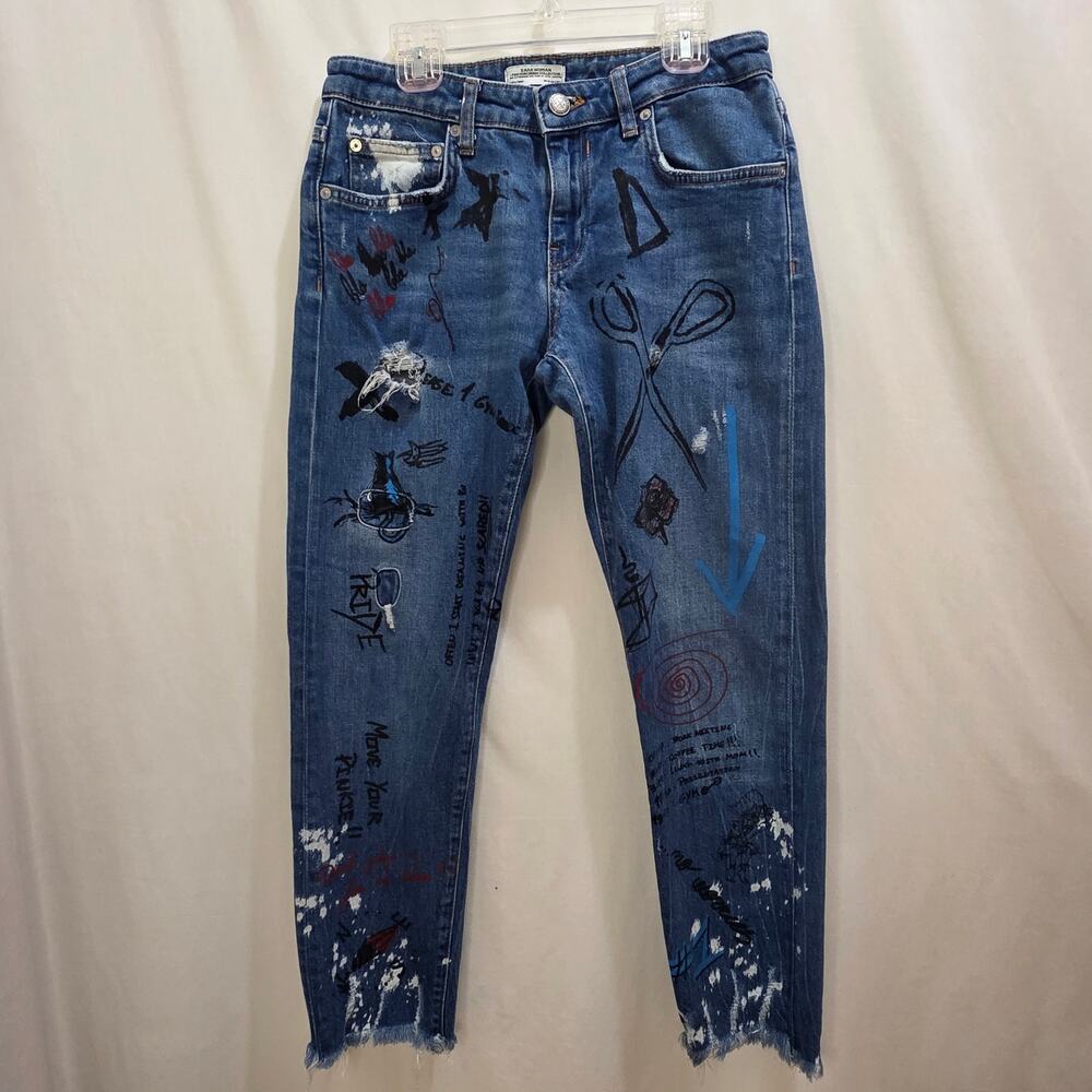Zara Woman Graffiti Distressed Painted Raw Hem Skinny Cropped Jeans, Size 2